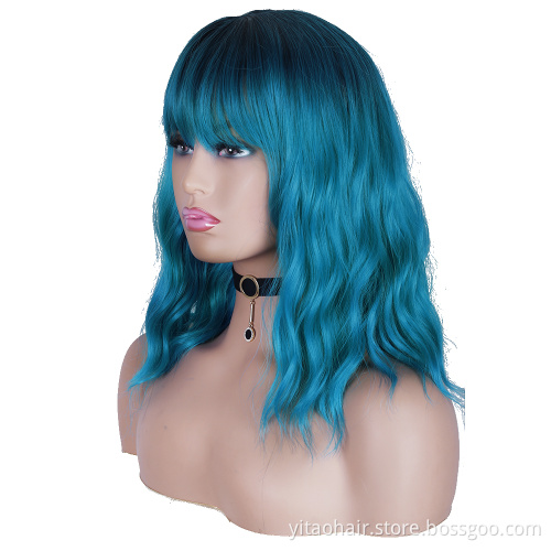 Wholesale Ombre Blue Wavy Wig with Flat Bangs 14" Synthetic Natural Hair Heat Resistant Fiber Cosplay Wig for Women Color Ombre